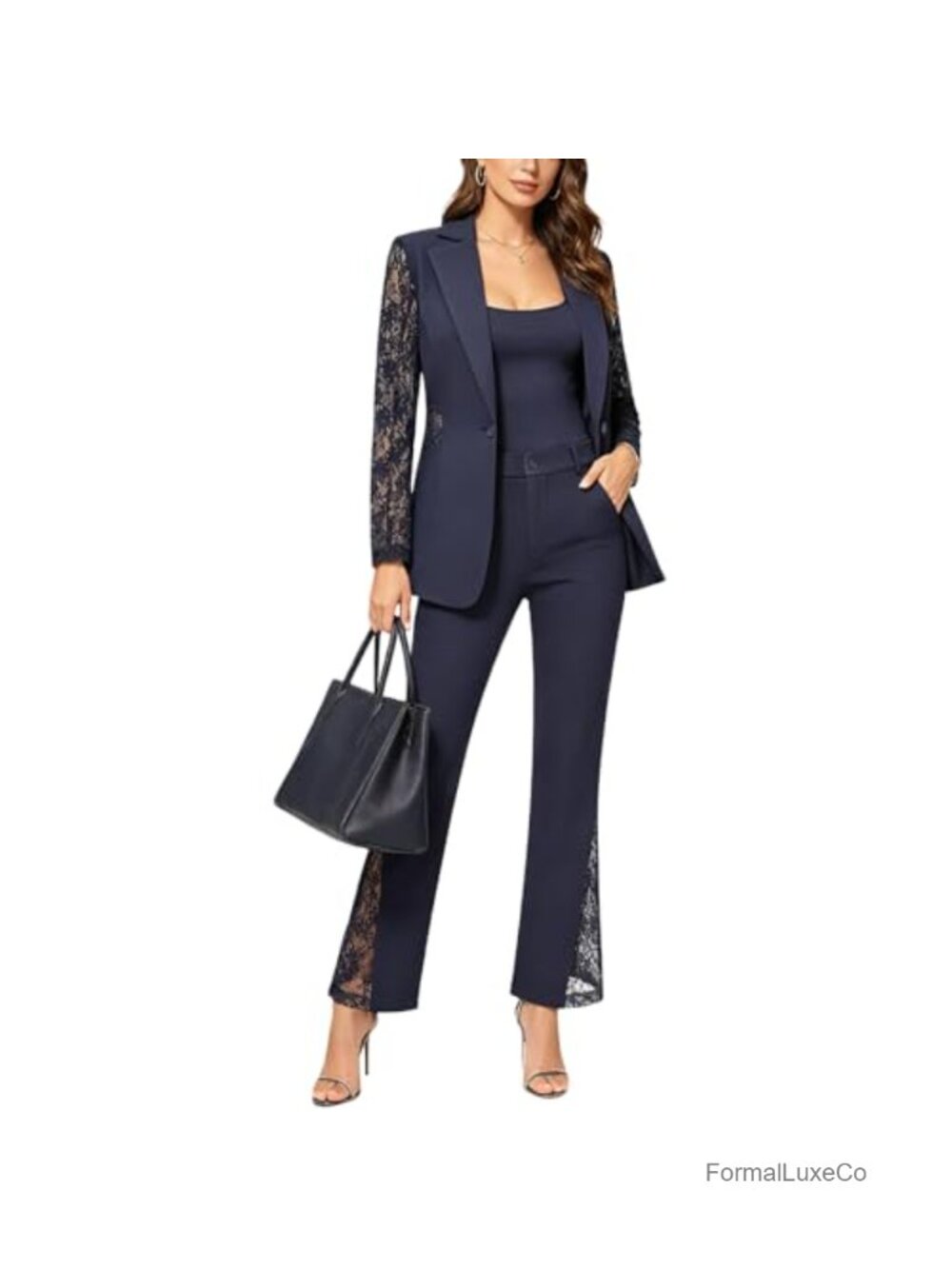 Women Lace Blazer Pants Set 2 Piece Cocktail Suit Outfit